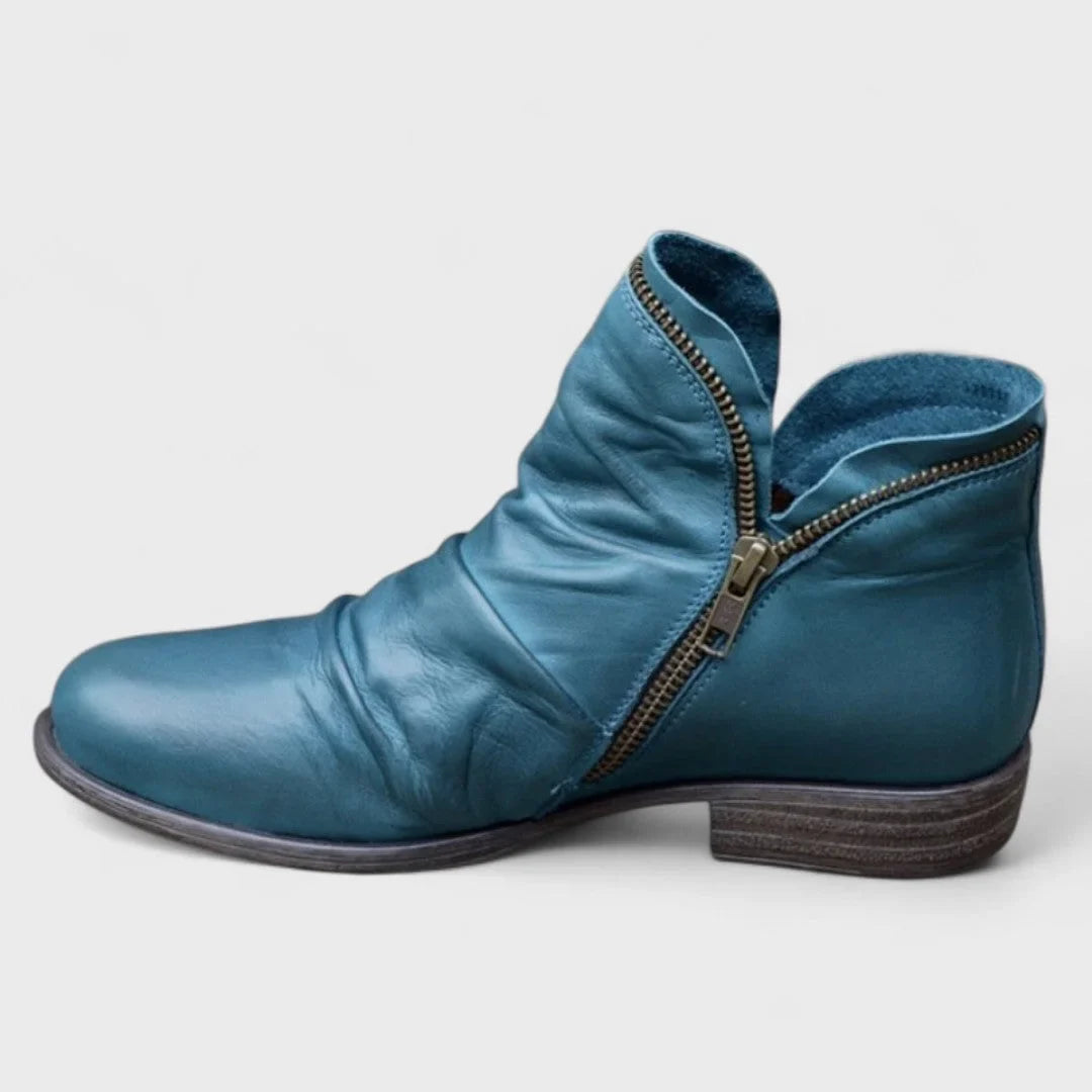 Vesper - Women's Orthopedic Ruched Ankle Boots with Side Zip - Blue
