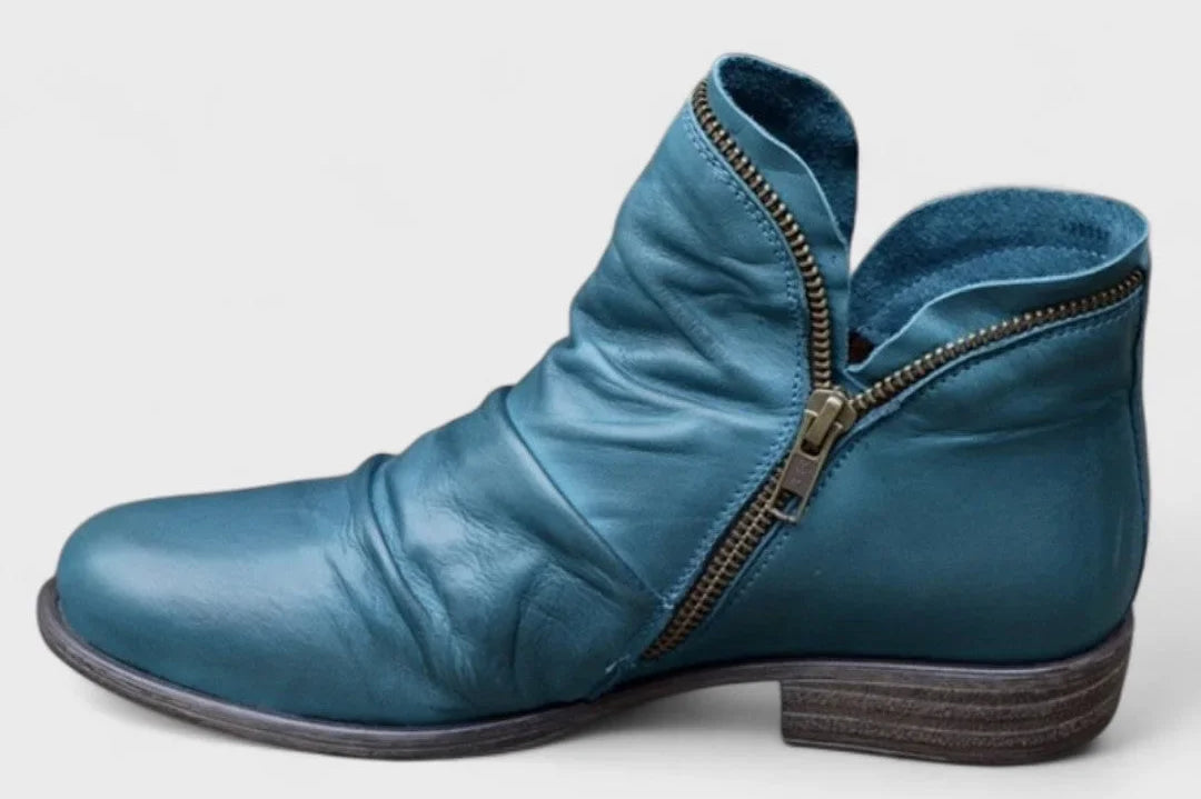 Vesper - Women's Orthopedic Ruched Ankle Boots with Side Zip - Blue