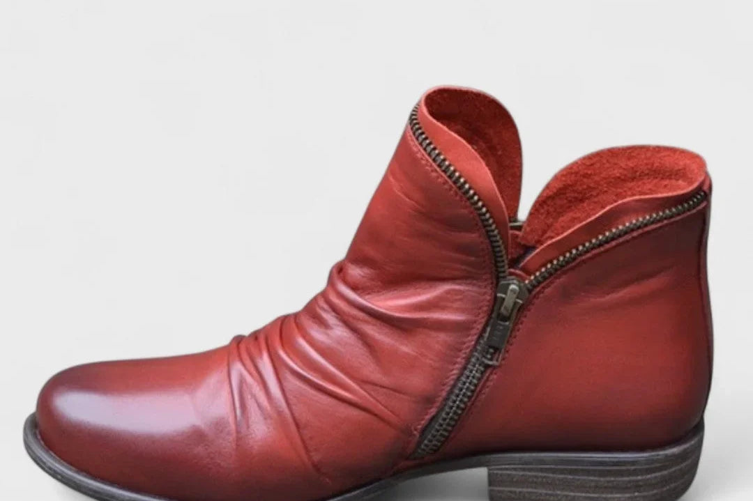 Vesper - Women's Orthopedic Ruched Ankle Boots with Side Zip - Red