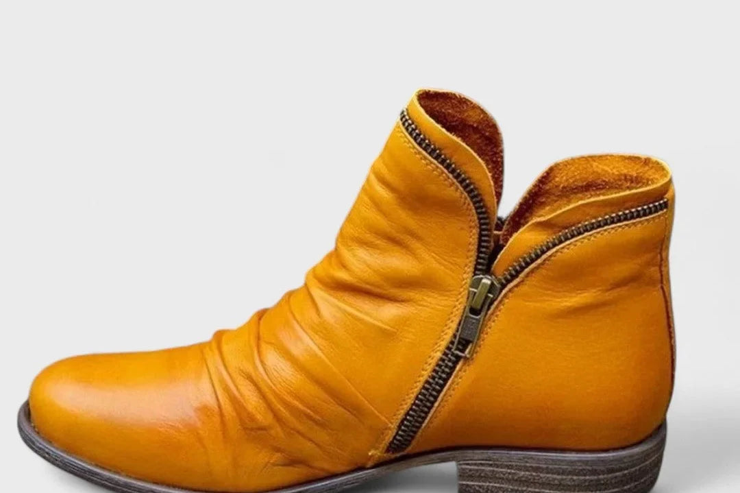 Vesper - Women's Orthopedic Ruched Ankle Boots with Side Zip - Yellow