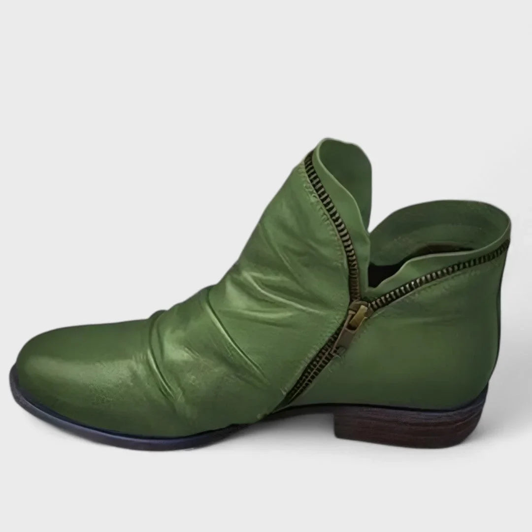 Vesper - Women's Orthopedic Ruched Ankle Boots with Side Zip - Green