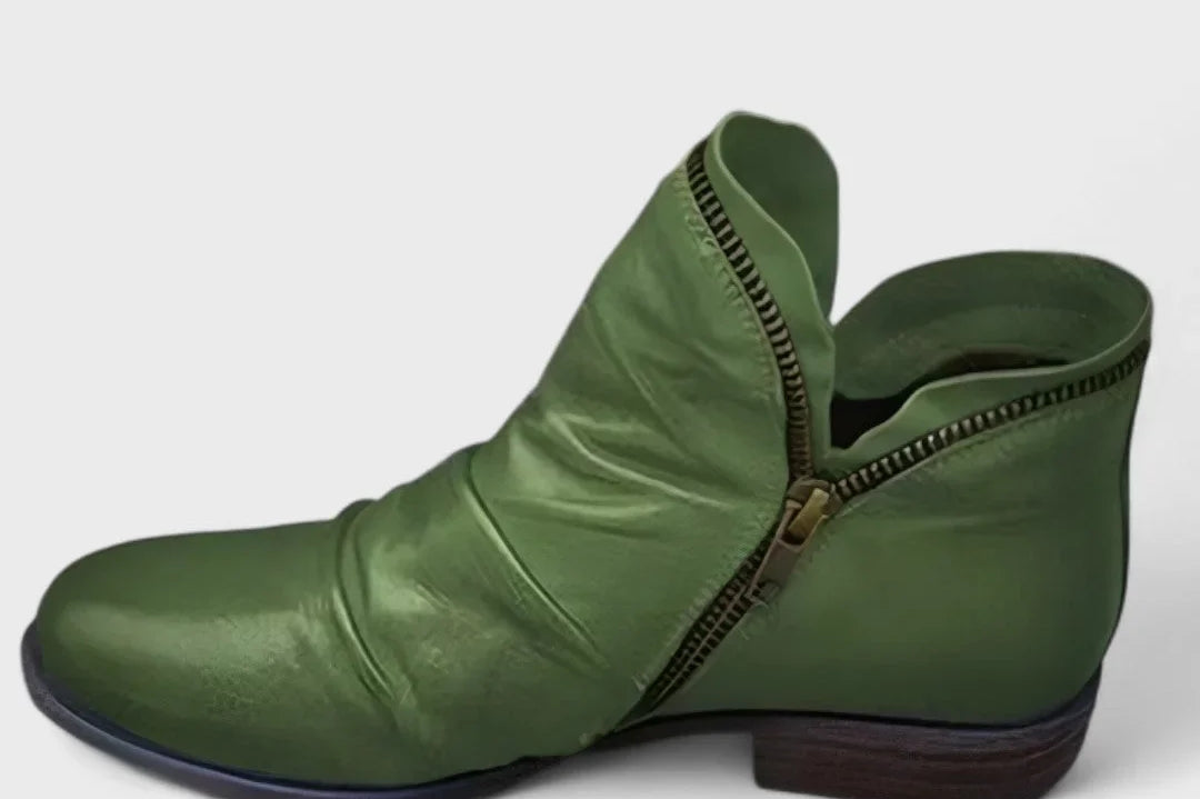 Vesper - Women's Orthopedic Ruched Ankle Boots with Side Zip - Green