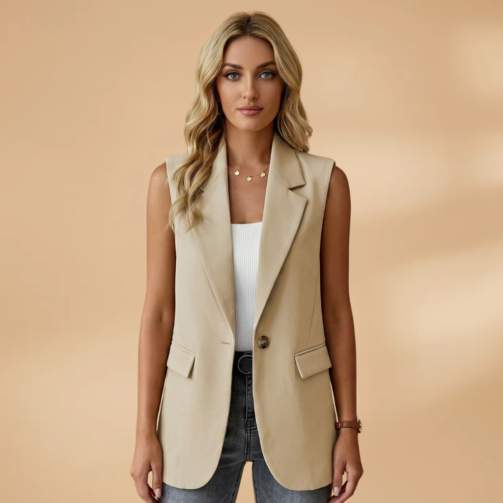 Vianne - Women's Sleeveless V-Neck Blazer Vest with Waist Detail - Beige