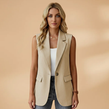 Vianne - Women's Sleeveless V-Neck Blazer Vest with Waist Detail - Beige