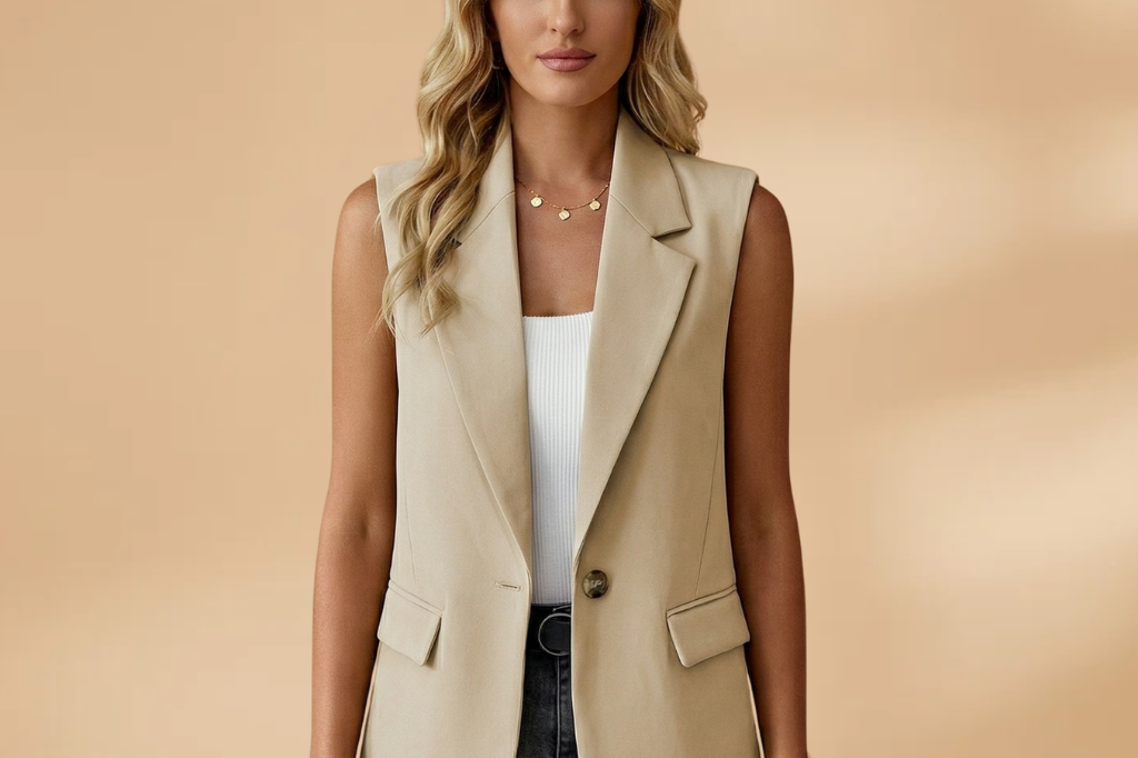 Vianne - Women's Sleeveless V-Neck Blazer Vest with Waist Detail - Beige