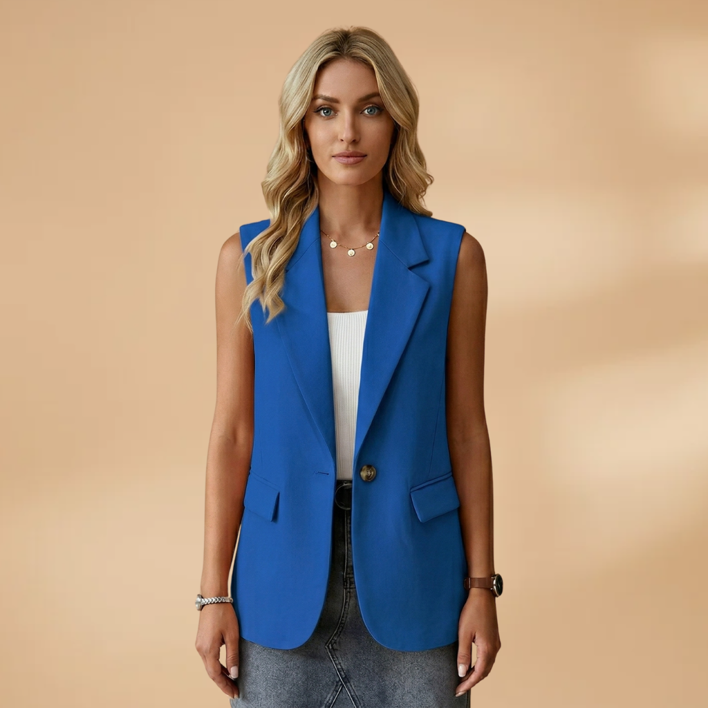 Vianne - Women's Sleeveless V-Neck Blazer Vest with Waist Detail - Royal Blue