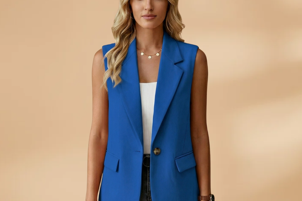Vianne - Women's Sleeveless V-Neck Blazer Vest with Waist Detail - Royal Blue