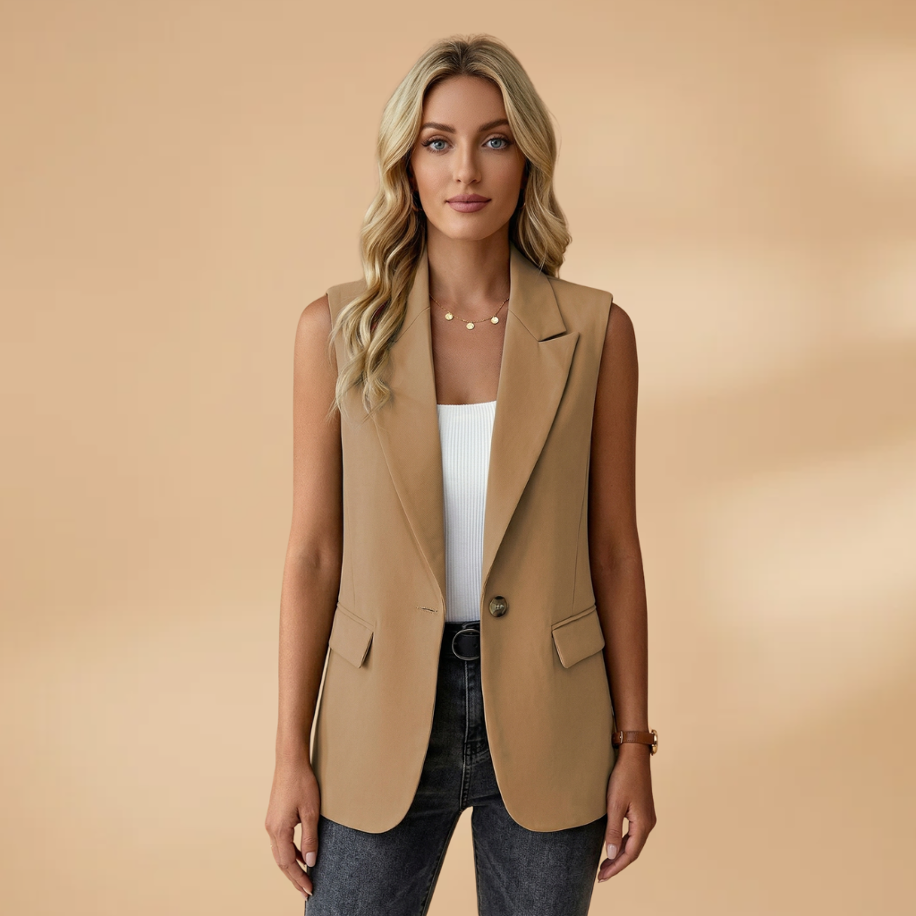 Vianne - Women's Sleeveless V-Neck Blazer Vest with Waist Detail - Khaki
