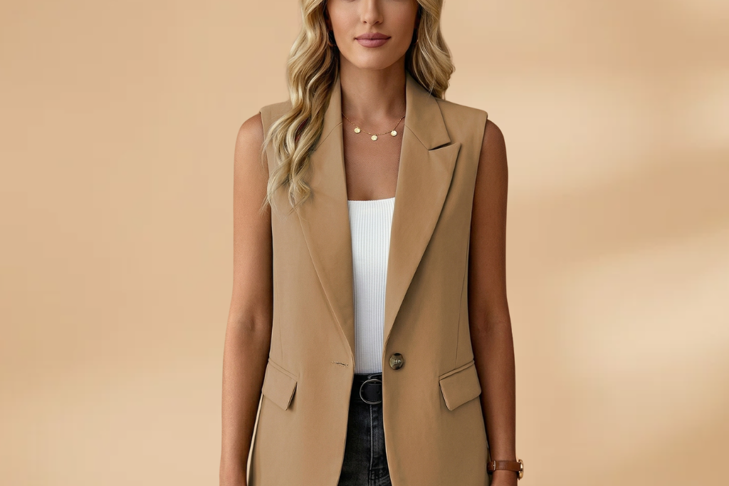 Vianne - Women's Sleeveless V-Neck Blazer Vest with Waist Detail - Khaki