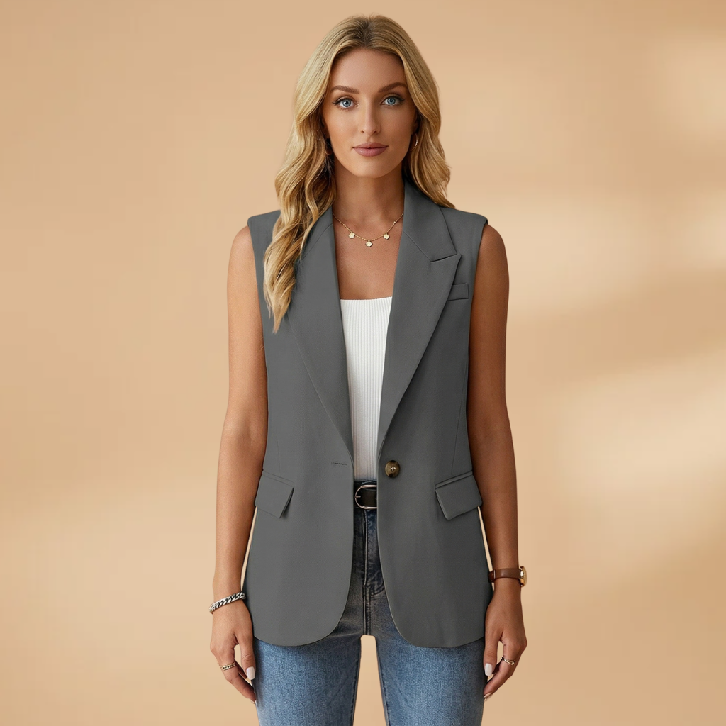 Vianne - Women's Sleeveless V-Neck Blazer Vest with Waist Detail - Dark Gray