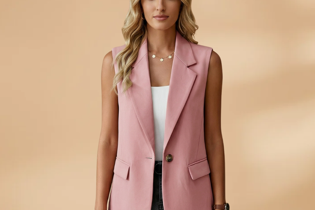 Vianne - Women's Sleeveless V-Neck Blazer Vest with Waist Detail - Pink