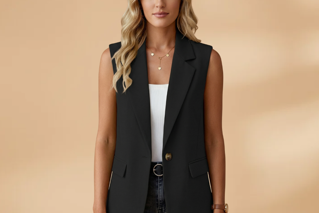 Vianne - Women's Sleeveless V-Neck Blazer Vest with Waist Detail - Black