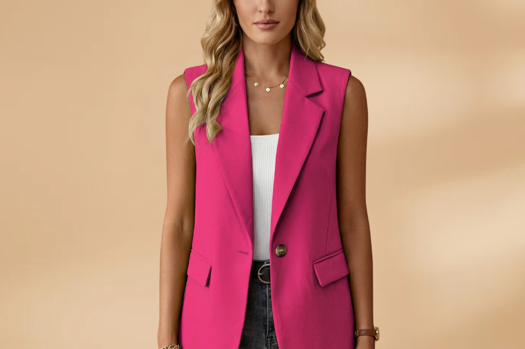 Vianne - Women's Sleeveless V-Neck Blazer Vest with Waist Detail - Magenta