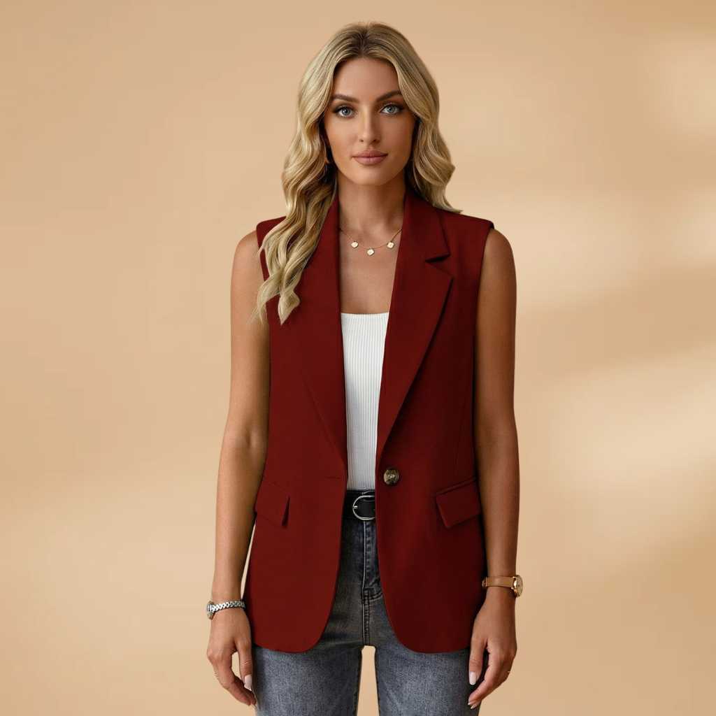 Vianne - Women's Sleeveless V-Neck Blazer Vest with Waist Detail - Burgundy