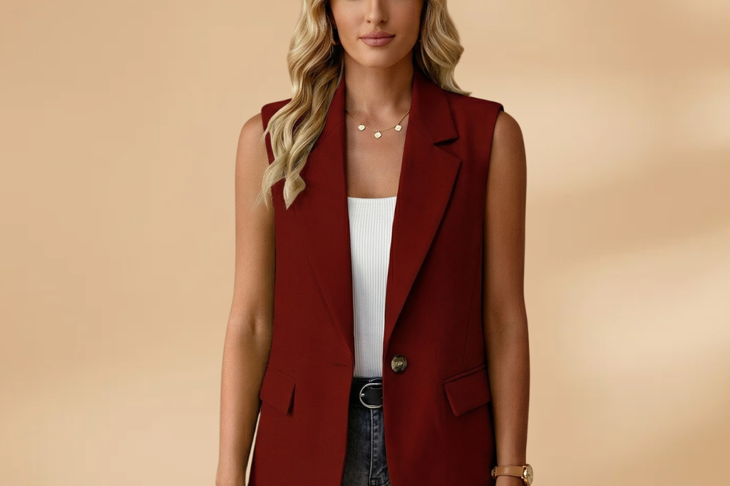 Vianne - Women's Sleeveless V-Neck Blazer Vest with Waist Detail - Burgundy
