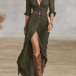 Vigdis - Women's Button-Front Maxi Dress with Belt - Green
