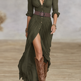 Vigdis - Women's Button-Front Maxi Dress with Belt - Green