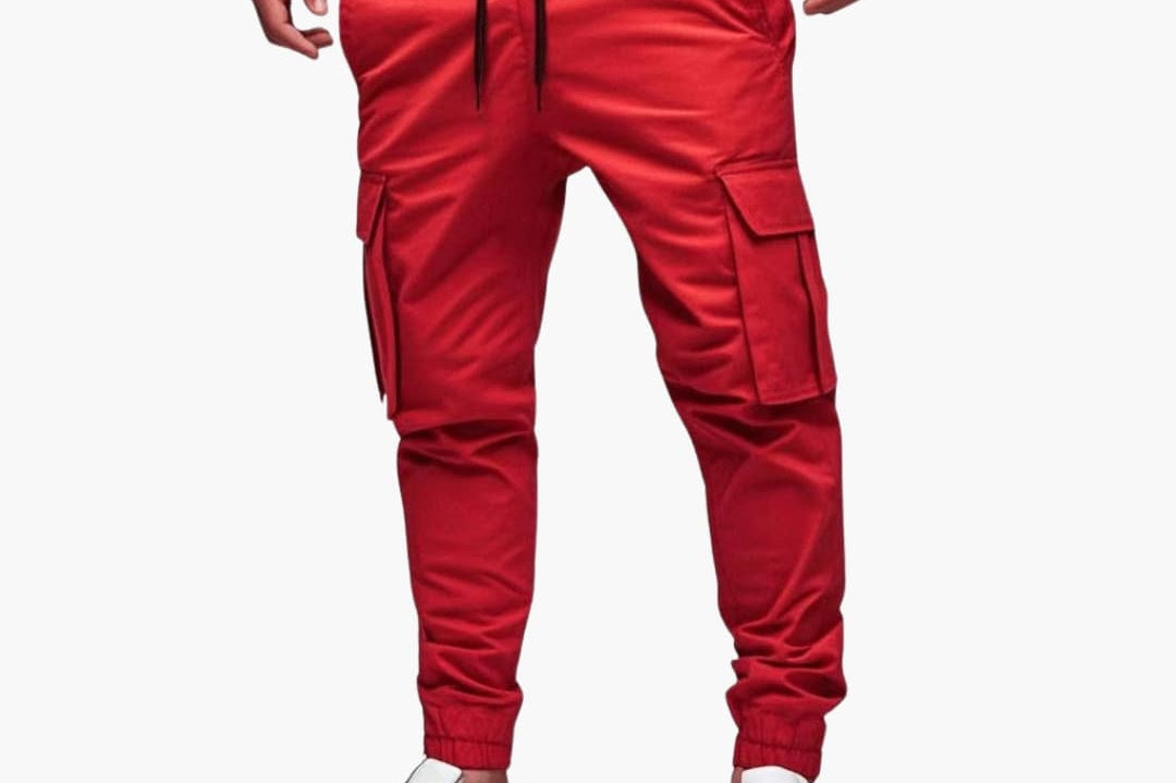 Warrick - Men's Cargo Joggers with Elastic Cuffs and Drawstring - Red