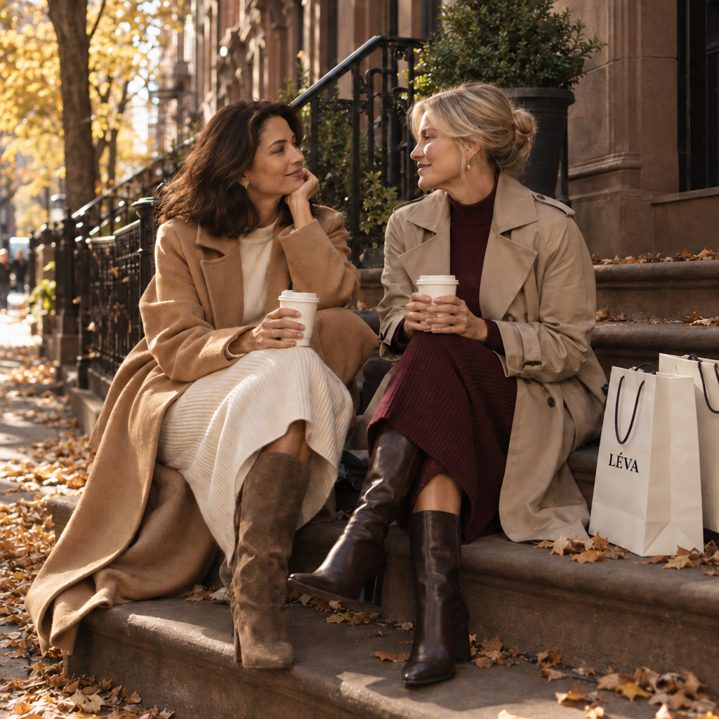 Two women in autumn coats sitting on city steps with Wear Léva shopping bags