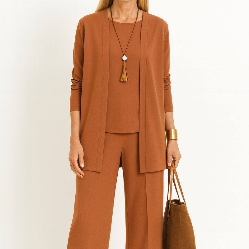 Women's Three-Piece Cardigan Set | Longline Open-Front Wide-Leg Pants Set