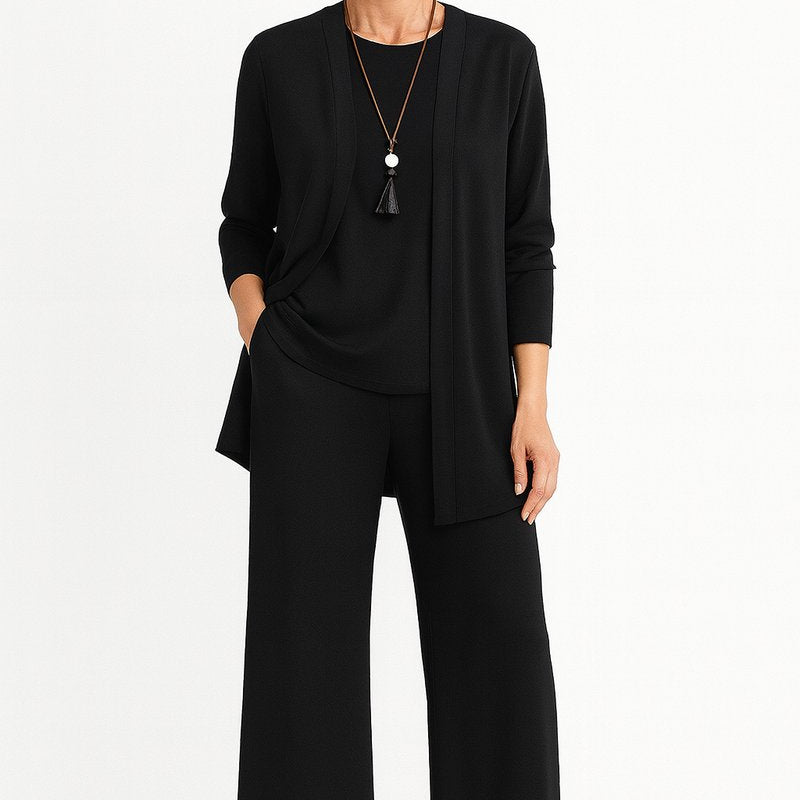 Women's Three-Piece Cardigan Set | Longline Open-Front Wide-Leg Pants Set