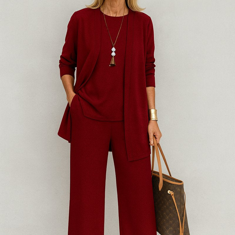 Women's Three-Piece Cardigan Set | Longline Open-Front Wide-Leg Pants Set