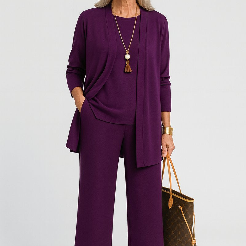 Women's Three-Piece Cardigan Set | Longline Open-Front Wide-Leg Pants Set