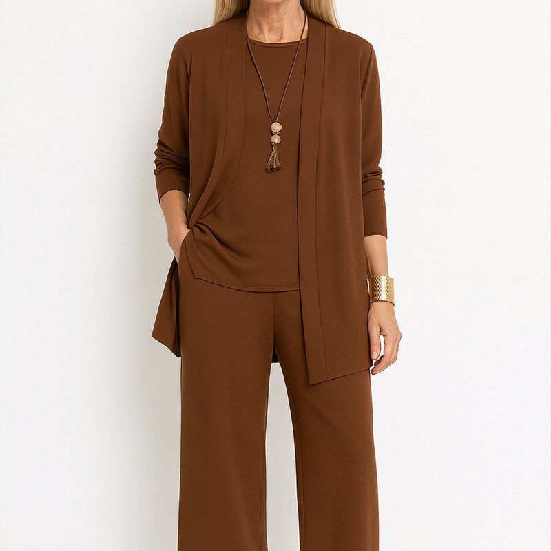 Women's Three-Piece Cardigan Set | Longline Open-Front Wide-Leg Pants Set