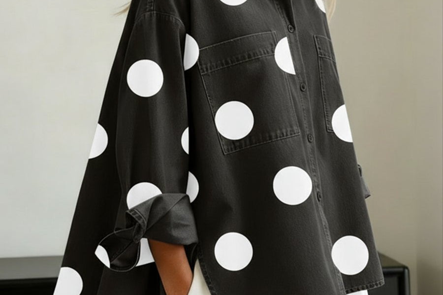 Women's Polka Dot Denim Shirt | Oversized Relaxed Button-Down Shirt
