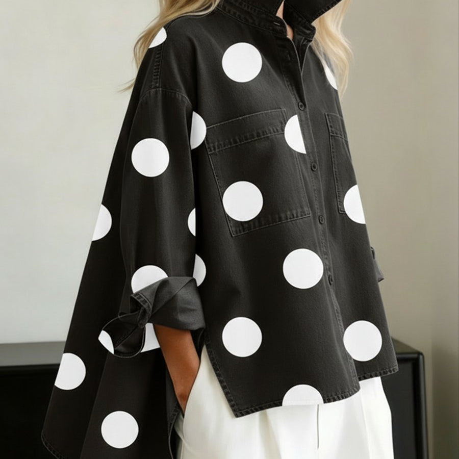 Women's Polka Dot Denim Shirt | Oversized Relaxed Button-Down Shirt