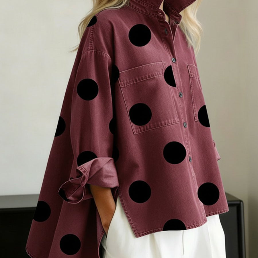 Women's Polka Dot Denim Shirt | Oversized Relaxed Button-Down Shirt