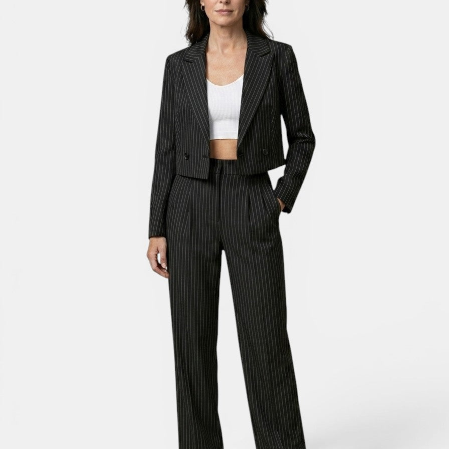 Women's Pinstripe Suit | Cropped Tailored Blazer & Wide-Leg Trousers