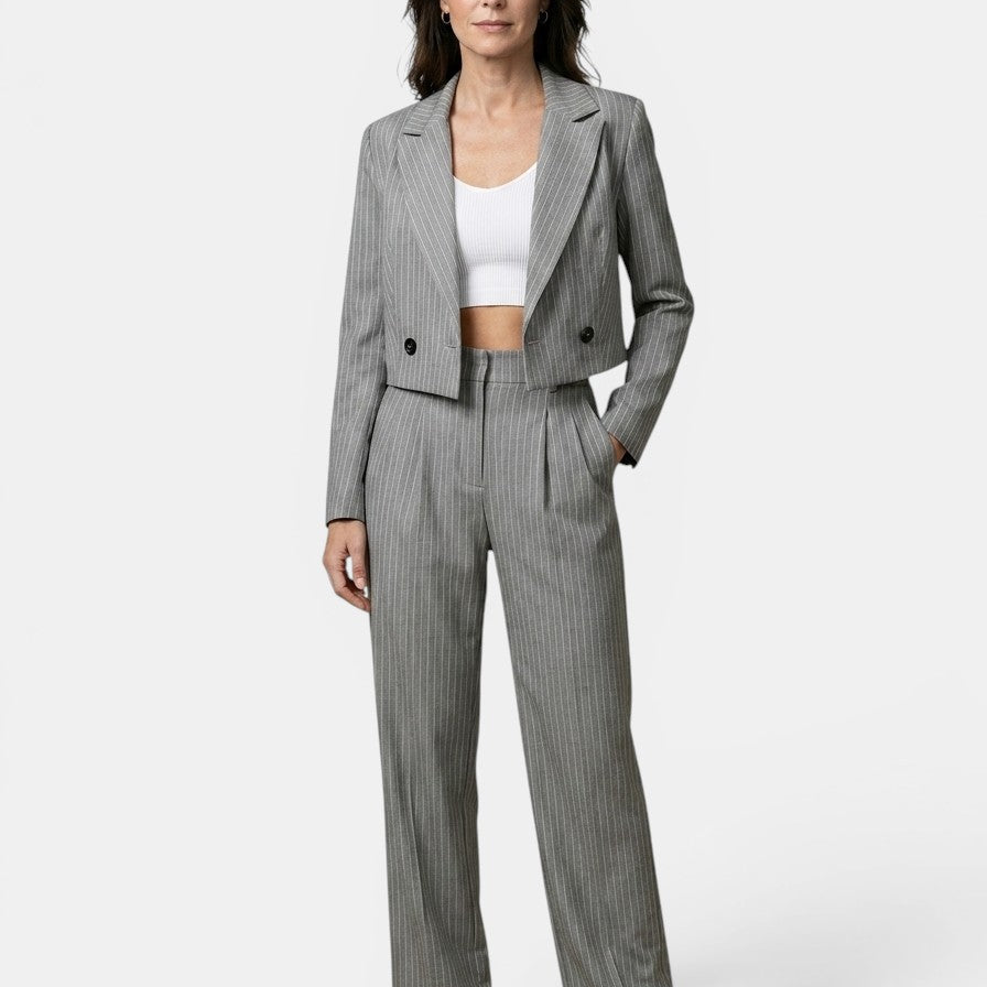 Women's Pinstripe Suit | Cropped Tailored Blazer & Wide-Leg Trousers