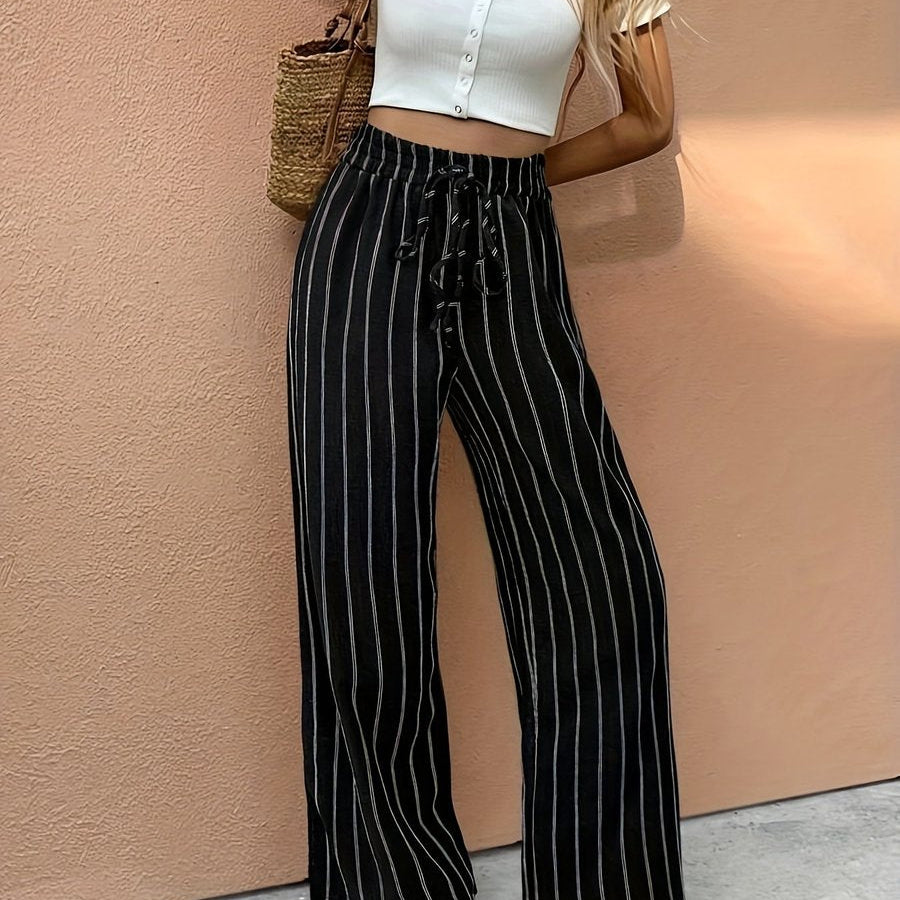 Women's Striped Linen Wide-Leg Pants | Breezy High-Waist Drawstring Pants
