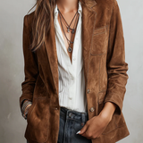 Wrenna - Women's Belted Suede-Feel Button-Down Blazer - Brown