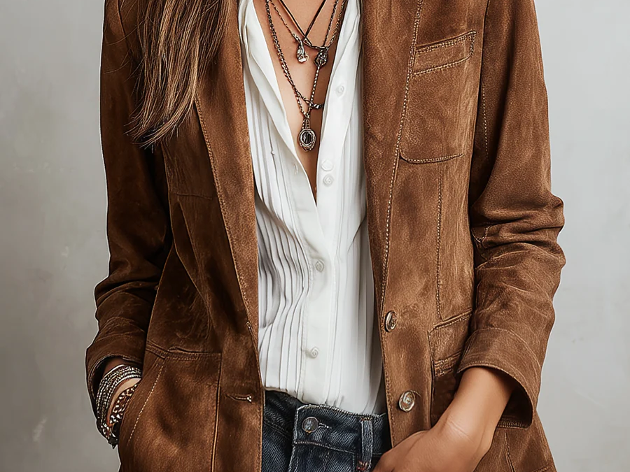 Wrenna - Women's Belted Suede-Feel Button-Down Blazer - Brown