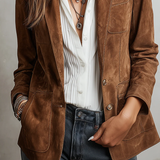 Wrenna - Women's Belted Suede-Feel Button-Down Blazer