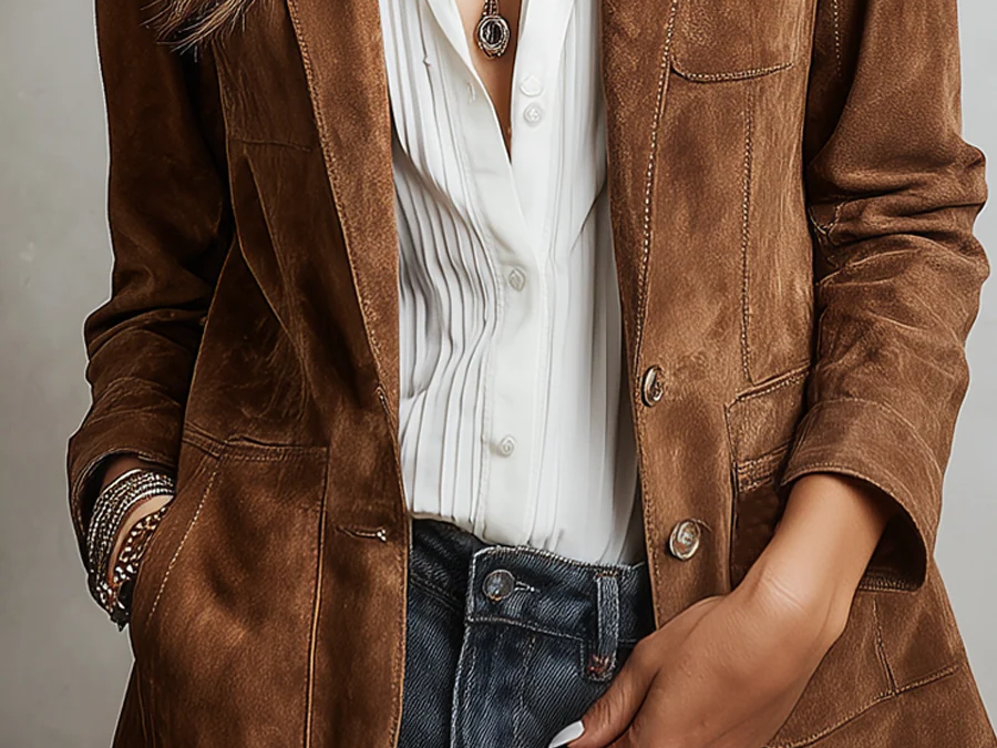 Wrenna - Women's Belted Suede-Feel Button-Down Blazer