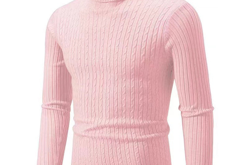 Xander - Men's Cable Front Roll Neck Sweater - Pink