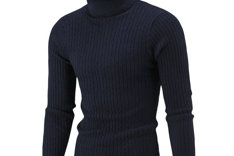 Xander - Men's Cable Front Roll Neck Sweater - Navy Blue