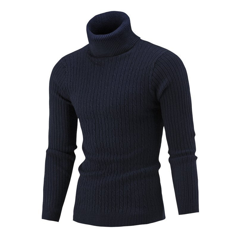 Xander - Men's Cable Front Roll Neck Sweater - Navy Blue