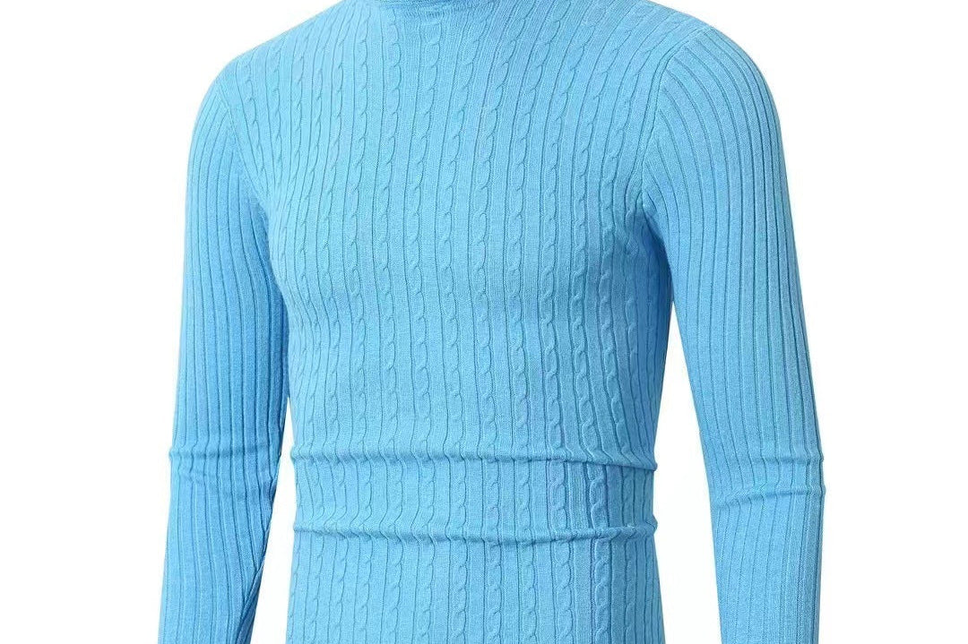 Xander - Men's Cable Front Roll Neck Sweater - Sky Blue