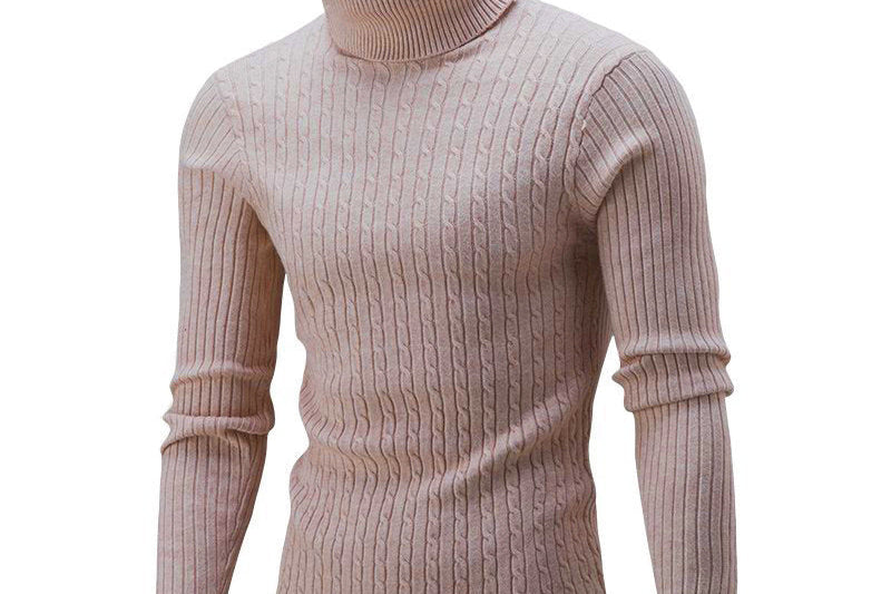 Xander - Men's Cable Front Roll Neck Sweater - Light Coffee