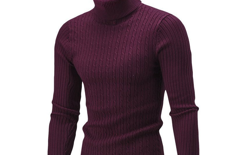 Xander - Men's Cable Front Roll Neck Sweater - Wine Red