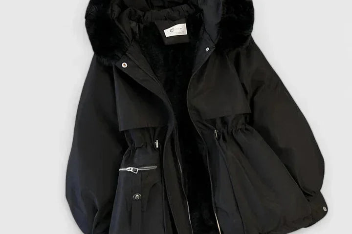 Xanthe - Women's Padded Parka with Faux Fur Hood - Black