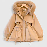 Xanthe - Women's Padded Parka with Faux Fur Hood - Khaki