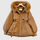 Xanthe - Women's Padded Parka with Faux Fur Hood - Brown