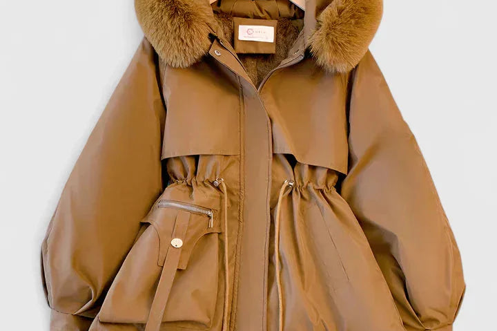 Xanthe - Women's Padded Parka with Faux Fur Hood - Brown