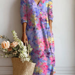 Xenia - Women's Floral V-Neck A-Line Midi Dress - Purple