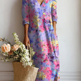 Xenia - Women's Floral V-Neck A-Line Midi Dress - Purple